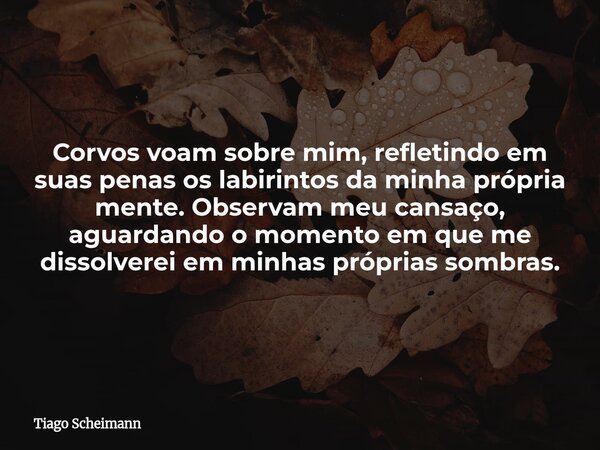 Corvos voam sobre mim, refletindo em suas penas os labirintos da minha própria mente. Observam meu cansaço, aguardando o momento em que me dissolverei em minhas... Frase de Tiago Scheimann.