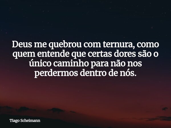 Deus me quebrou com ternura, como quem entende que certas dores são o único caminho para não nos perdermos dentro de nós.... Frase de Tiago Scheimann.