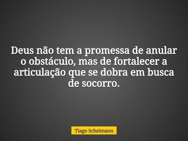 Deus não tem a promessa de anular o obstáculo, mas de fortalecer a articulação que se dobra em busca de socorro.... Frase de Tiago Scheimann.