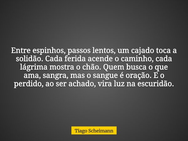 Entre espinhos, passos lentos, um cajado toca a solidão. Cada ferida acende o caminho, cada lágrima mostra o chão. Quem busca o que ama, sangra, mas o sangue é ... Frase de Tiago Scheimann.
