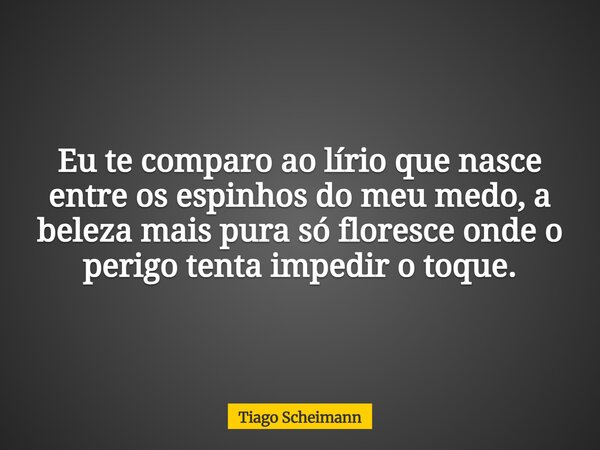 Eu te comparo ao lírio que nasce entre os espinhos do meu medo, a beleza mais pura só floresce onde o perigo tenta impedir o toque.... Frase de Tiago Scheimann.