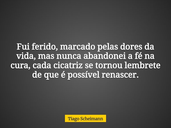 Fui ferido, marcado pelas dores da vida, mas nunca abandonei a fé na cura, cada cicatriz se tornou lembrete de que é possível renascer.... Frase de Tiago Scheimann.