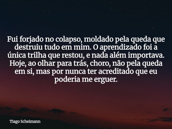 Fui forjado no colapso, moldado pela queda que destruiu tudo em mim. O aprendizado foi a única trilha que restou, e nada além importava. Hoje, ao olhar para trá... Frase de Tiago Scheimann.
