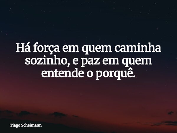 Há força em quem caminha sozinho, e paz em quem entende o porquê.... Frase de Tiago Scheimann.