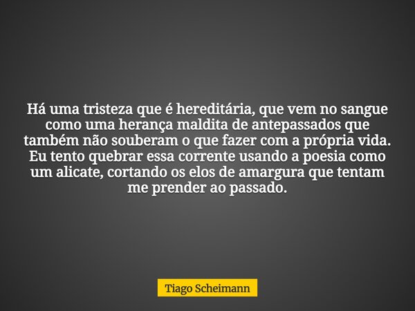 Há uma tristeza que é hereditária, que vem no sangue como uma herança maldita de antepassados que também não souberam o que fazer com a própria vida. Eu tento q... Frase de Tiago Scheimann.