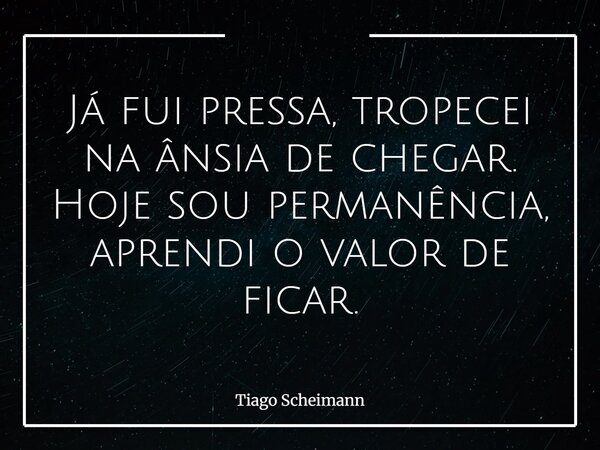 Já fui pressa, tropecei na ânsia de chegar. Hoje sou permanência, aprendi o valor de ficar.... Frase de Tiago Scheimann.