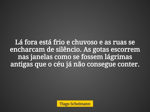 Lá fora está frio e chuvoso e as ruas se encharcam de silêncio. As gotas escorrem nas janelas como se fossem lágrimas antigas que o céu já não consegue conter.... Frase de Tiago Scheimann.