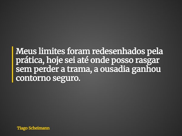 Meus limites foram redesenhados pela prática, hoje sei até onde posso rasgar sem perder a trama, a ousadia ganhou contorno seguro.... Frase de Tiago Scheimann.
