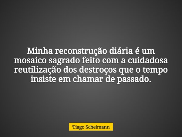 Minha reconstrução diária é um mosaico sagrado feito com a cuidadosa reutilização dos destroços que o tempo insiste em chamar de passado.... Frase de Tiago Scheimann.
