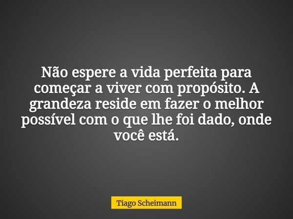 Não espere a vida perfeita para começar a viver com propósito. A grandeza reside em fazer o melhor possível com o que lhe foi dado, onde você está.... Frase de Tiago Scheimann.