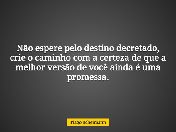 Não espere pelo destino decretado, crie o caminho com a certeza de que a melhor versão de você ainda é uma promessa.... Frase de Tiago Scheimann.