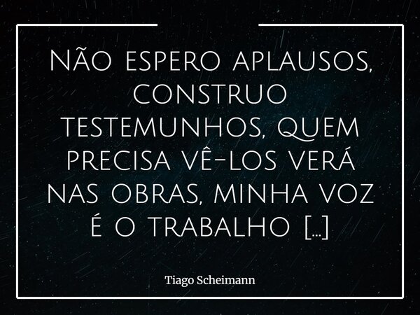 Não espero aplausos, construo testemunhos, quem precisa vê-los verá nas obras, minha voz é o trabalho concluído.... Frase de Tiago Scheimann.