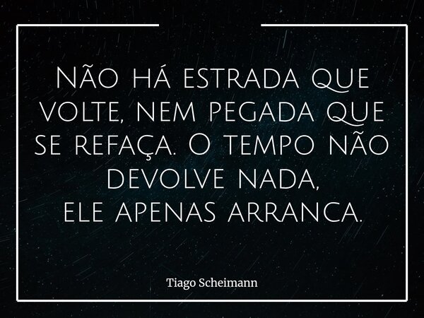 Não há estrada que volte, nem pegada que se refaça. O tempo não devolve nada, ele apenas arranca.... Frase de Tiago Scheimann.