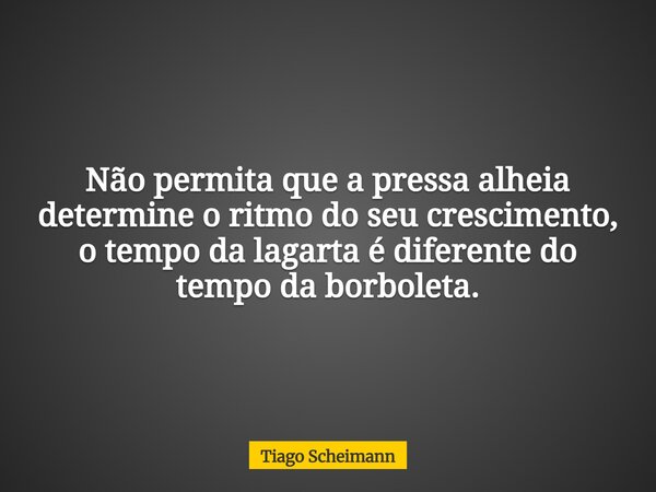 Não permita que a pressa alheia determine o ritmo do seu crescimento, o tempo da lagarta é diferente do tempo da borboleta.... Frase de Tiago Scheimann.