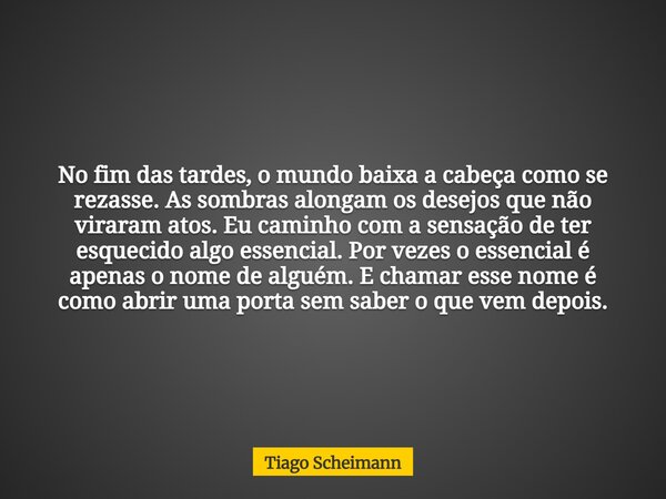 No fim das tardes, o mundo baixa a cabeça como se rezasse. As sombras alongam os desejos que não viraram atos. Eu caminho com a sensação de ter esquecido algo e... Frase de Tiago Scheimann.
