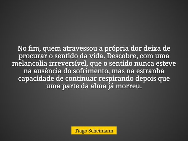 No fim, quem atravessou a própria dor deixa de procurar o sentido da vida. Descobre, com uma melancolia irreversível, que o sentido nunca esteve na ausência do ... Frase de Tiago Scheimann.