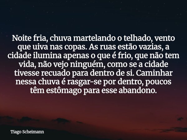 Noite fria, chuva martelando o telhado, vento que uiva nas copas. As ruas estão vazias, a cidade ilumina apenas o que é frio, que não tem vida, não vejo ninguém... Frase de Tiago Scheimann.