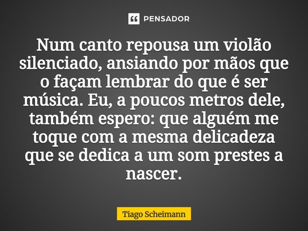Num canto repousa um violão silenciado, ansiando por mãos que o façam lembrar do que é ser música. Eu, a poucos metros dele, também espero: que alguém me toque... Frase de Tiago Scheimann.