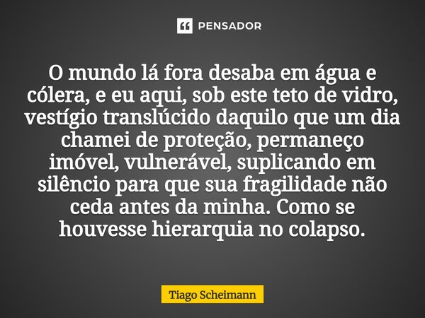 O mundo lá fora desaba em água e cólera, e eu aqui, sob este teto de vidro, vestígio translúcido daquilo que um dia chamei de proteção, permaneço imóvel, vulner... Frase de Tiago Scheimann.