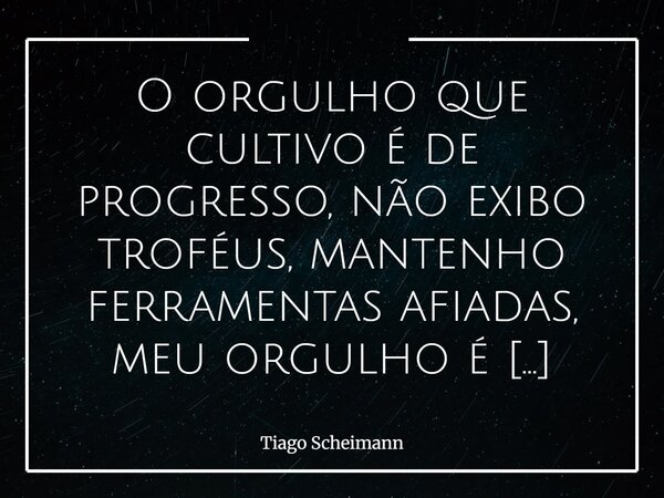 O orgulho que cultivo é de progresso, não exibo troféus, mantenho ferramentas afiadas, meu orgulho é utilitário.... Frase de Tiago Scheimann.