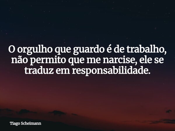 O orgulho que guardo é de trabalho, não permito que me narcise, ele se traduz em responsabilidade.... Frase de Tiago Scheimann.