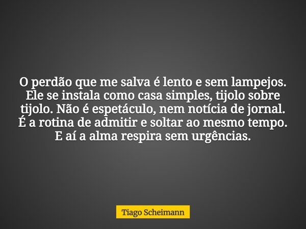 O perdão que me salva é lento e sem lampejos. Ele se instala como casa simples, tijolo sobre tijolo. Não é espetáculo, nem notícia de jornal. É a rotina de admi... Frase de Tiago Scheimann.