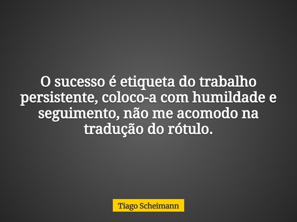 O sucesso é etiqueta do trabalho persistente, coloco-a com humildade e seguimento, não me acomodo na tradução do rótulo.... Frase de Tiago Scheimann.