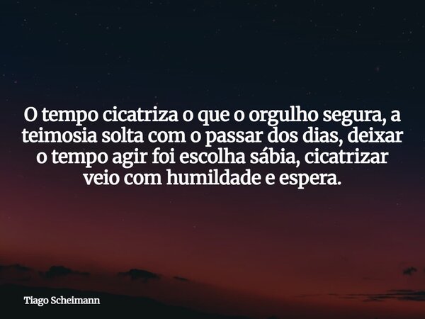 O tempo cicatriza o que o orgulho segura, a teimosia solta com o passar dos dias, deixar o tempo agir foi escolha sábia, cicatrizar veio com humildade e espera.... Frase de Tiago Scheimann.