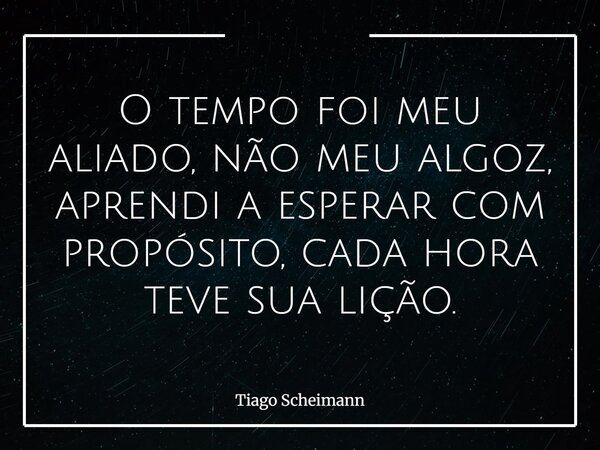 O tempo foi meu aliado, não meu algoz, aprendi a esperar com propósito, cada hora teve sua lição.... Frase de Tiago Scheimann.