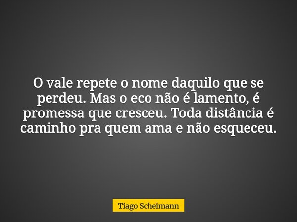 O vale repete o nome daquilo que se perdeu. Mas o eco não é lamento, é promessa que cresceu. Toda distância é caminho pra quem ama e não esqueceu.... Frase de Tiago Scheimann.