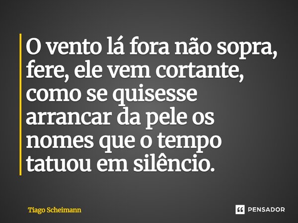 ⁠O vento lá fora não sopra, fere, ele vem cortante, como se quisesse arrancar da pele os nomes que o tempo tatuou em silêncio.... Frase de Tiago Scheimann.