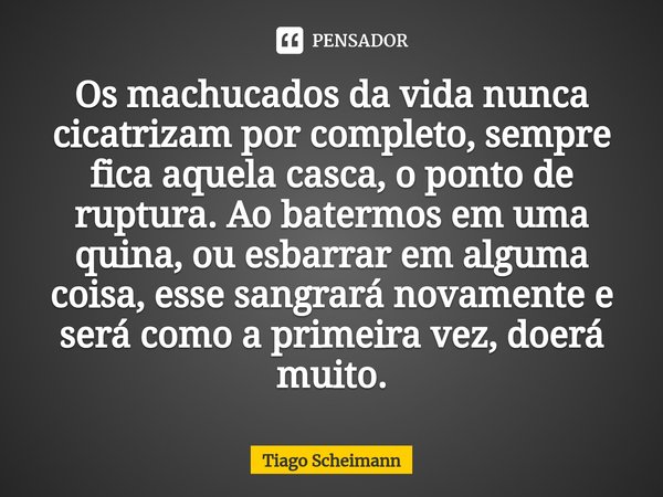 ⁠Os machucados da vida nunca cicatrizam por completo, sempre fica aquela casca, o ponto de ruptura. Ao batermos em uma quina, ou esbarrar em alguma coisa, esse ... Frase de Tiago Scheimann.