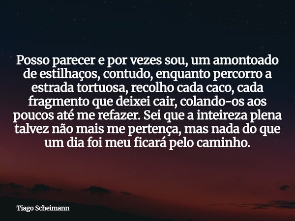 Posso parecer e por vezes sou, um amontoado de estilhaços, contudo, enquanto percorro a estrada tortuosa, recolho cada caco, cada fragmento que deixei cair, col... Frase de Tiago Scheimann.