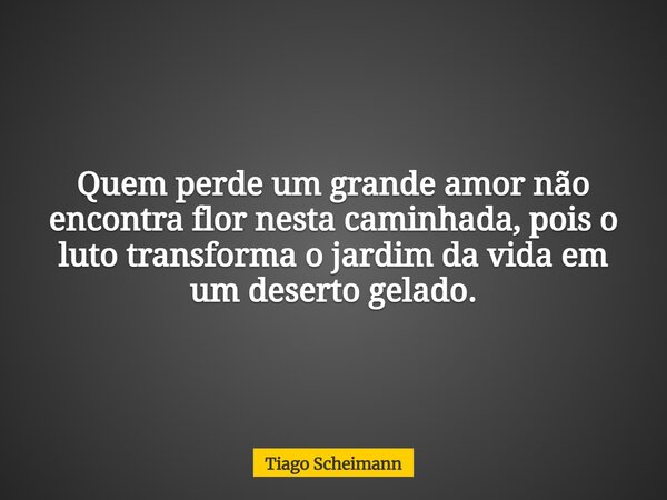 Quem perde um grande amor não encontra flor nesta caminhada, pois o luto transforma o jardim da vida em um deserto gelado.... Frase de Tiago Scheimann.
