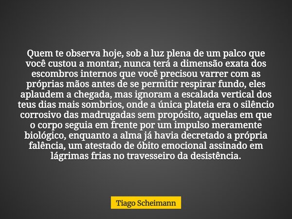 Quem te observa hoje, sob a luz plena de um palco que você custou a montar, nunca terá a dimensão exata dos escombros internos que você precisou varrer com as p... Frase de Tiago Scheimann.