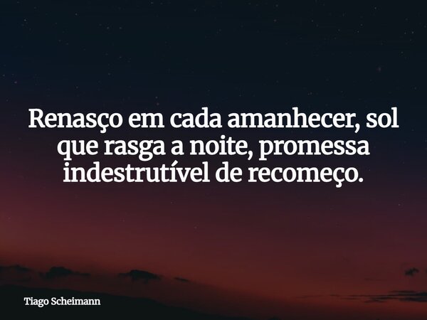 Renasço em cada amanhecer, sol que rasga a noite, promessa indestrutível de recomeço.... Frase de Tiago Scheimann.