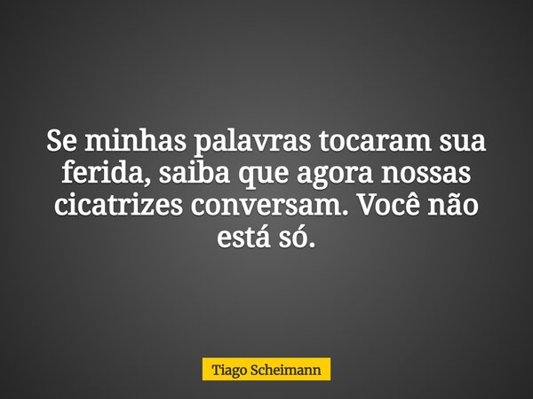 Se minhas palavras tocaram sua ferida, saiba que agora nossas cicatrizes conversam. Você não está só.... Frase de Tiago Scheimann.