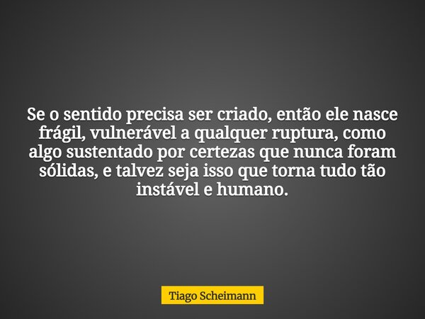 Se o sentido precisa ser criado, então ele nasce frágil, vulnerável a qualquer ruptura, como algo sustentado por certezas que nunca foram sólidas, e talvez seja... Frase de Tiago Scheimann.