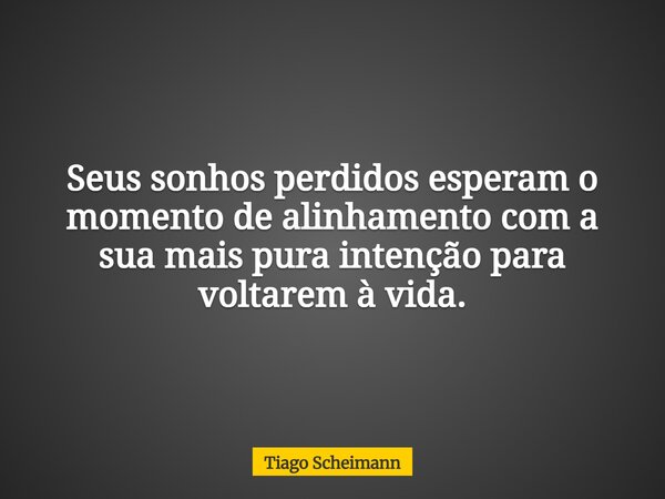 Seus sonhos perdidos esperam o momento de alinhamento com a sua mais pura intenção para voltarem à vida.... Frase de Tiago Scheimann.