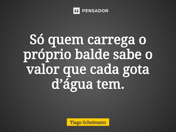 Só quem carrega o próprio balde sabe o valor que cada gota d’água tem.... Frase de Tiago Scheimann.