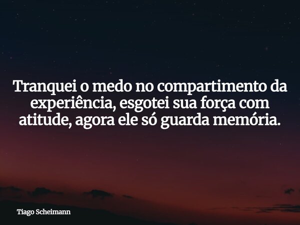 Tranquei o medo no compartimento da experiência, esgotei sua força com atitude, agora ele só guarda memória.... Frase de Tiago Scheimann.