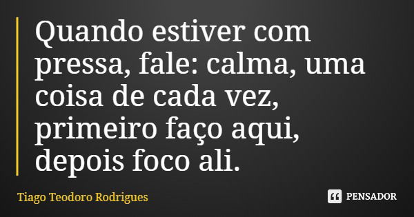 Quando estiver com pressa, fale: calma, uma coisa de cada vez, primeiro faço aqui, depois foco ali.... Frase de Tiago Teodoro Rodrigues.