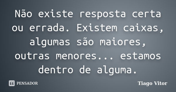 Não existe resposta certa ou errada. Existem caixas, algumas são maiores, outras menores... estamos dentro de alguma.... Frase de Tiago Vitor.