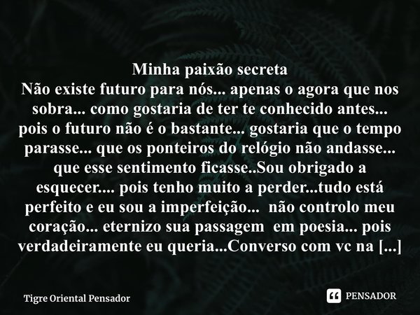 ⁠Minha paixão secreta Não existe futuro para nós... apenas o agora que nos sobra... como gostaria de ter te conhecido antes... pois o futuro não é o bastante...... Frase de Tigre Oriental Pensador.