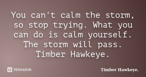 You can't calm the storm, so stop trying. What you can do is calm yourself. The storm will pass. Timber Hawkeye.... Frase de Timber Hawkeye..