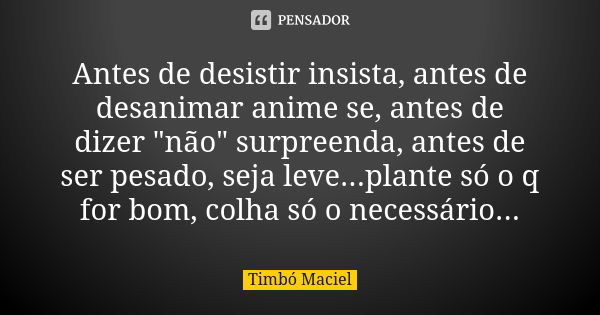 Antes de desistir insista, antes de desanimar anime se, antes de dizer "não" surpreenda, antes de ser pesado, seja leve...plante só o q for bom, colha... Frase de Timbó Maciel.