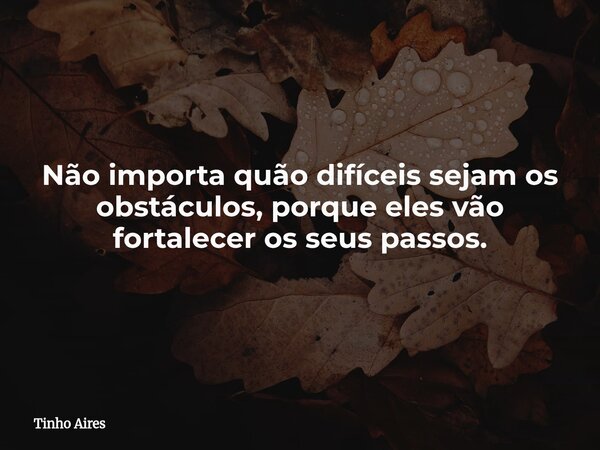 Não importa quão difíceis sejam os obstáculos, porque eles vão fortalecer os seus passos.... Frase de Tinho Aires.