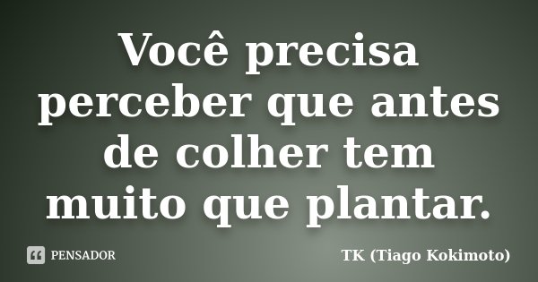 Você precisa perceber que antes de colher tem muito que plantar.... Frase de TK (Tiago Kokimoto).