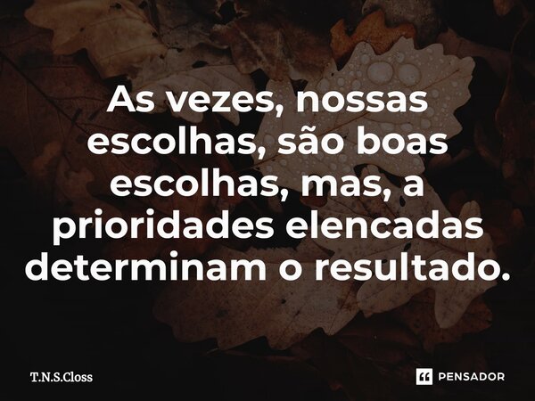 ⁠As vezes, nossas escolhas, são boas escolhas, mas, a prioridades elencadas determinam o resultado.... Frase de T.N.S.Closs.