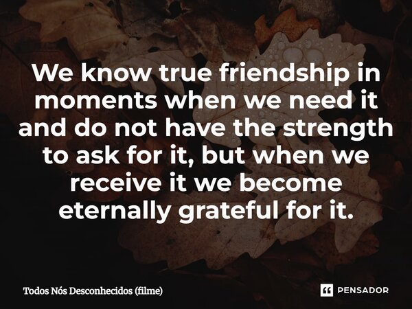 ⁠We know true friendship in moments when we need it and do not have the strength to ask for it, but when we receive it we become eternally grateful for it.... Frase de Todos Nós Desconhecidos (filme).